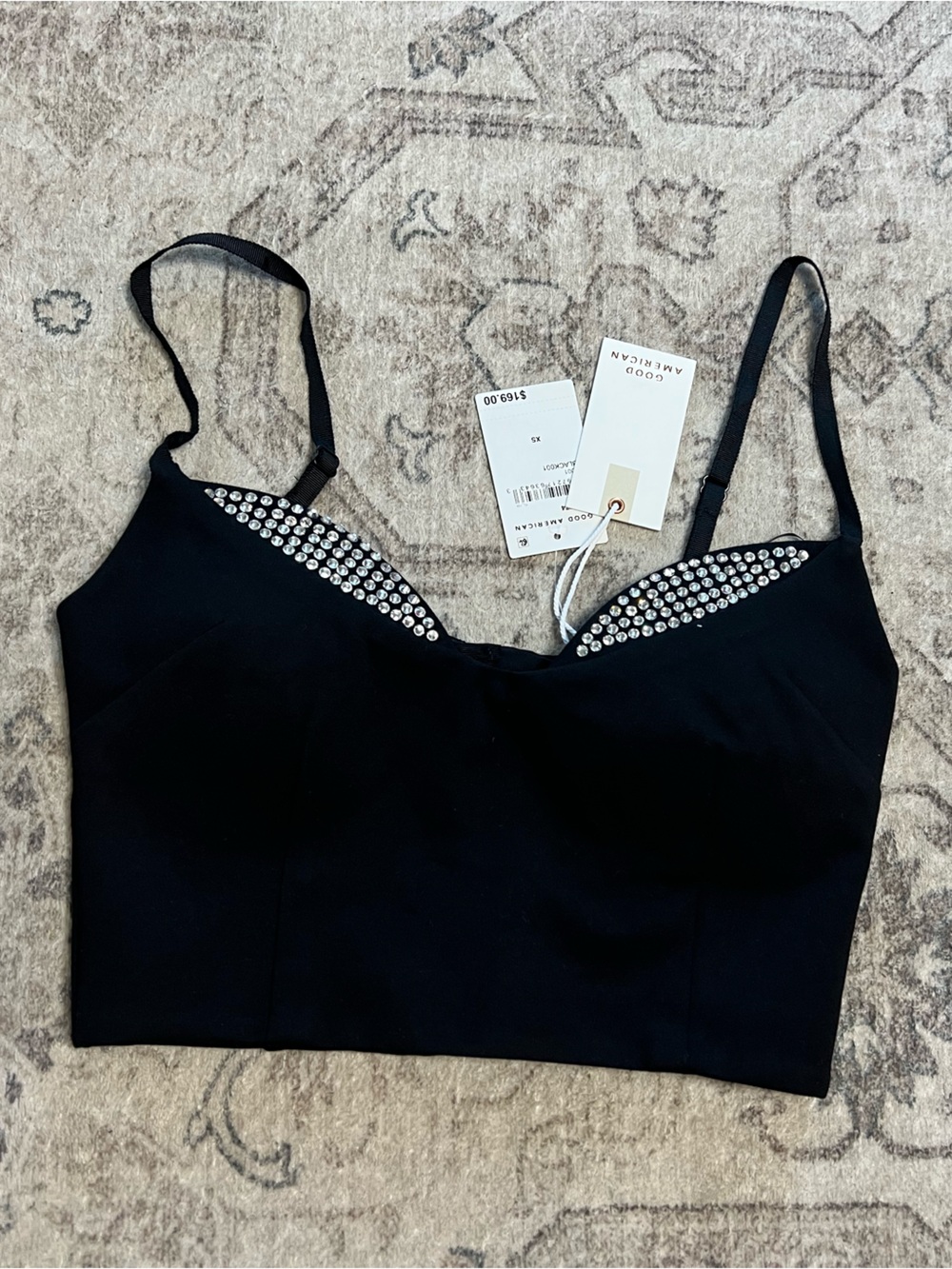 Good American black crystal-trim woven bralette top